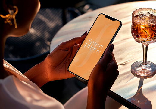 Luxury Smartphone Mockup On Terrace With Cocktail. AI Generated