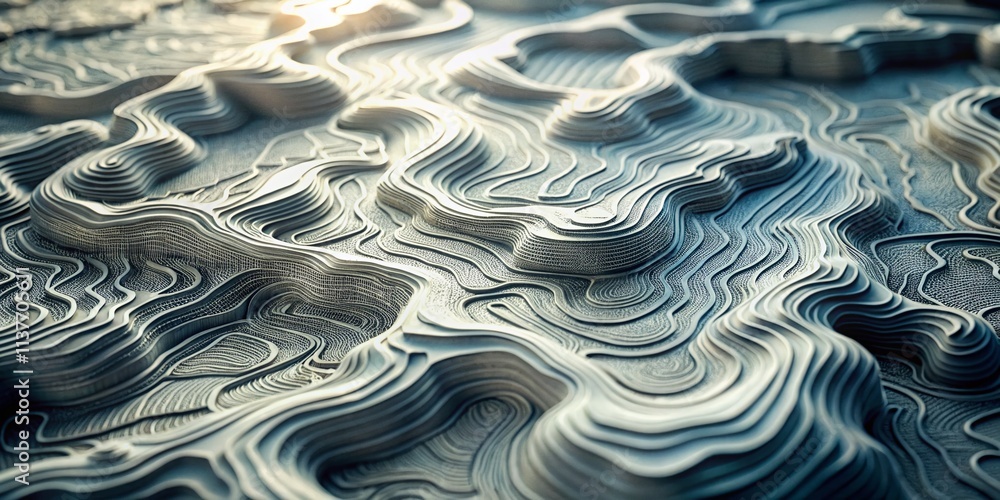 Poster surreal topographic line contour map in white and gray: abstract background for creative design and 