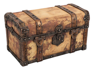 An antique wooden treasure chest with metal fittings is isolated on a plain transparent background for adventure concepts.