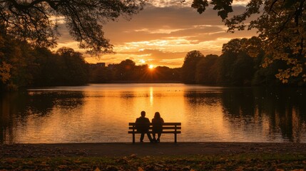 Romantic Sunset Scene by a Serene Lake with Silhouetted Couple on a Bench