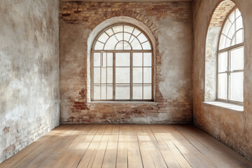Empty Room Shows Arched Window and Wooden Floor with Sunlight