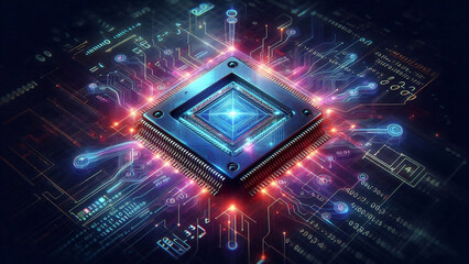 Processore, chip di computer stilizzato. Tecnologia e intelligenza artificiale, collegamenti luminosi rappresententi tecnologia del futuro.