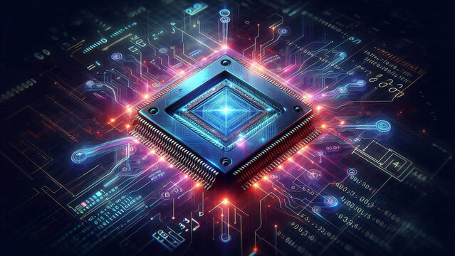 Processore, chip di computer stilizzato. Tecnologia e intelligenza artificiale, collegamenti luminosi rappresententi tecnologia del futuro.