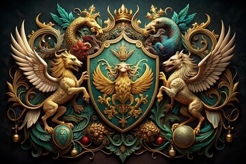 Surreal Vintage Heraldry: Medieval Fantasy Kingdom Coat of Arms with Mythical Creatures & Animals