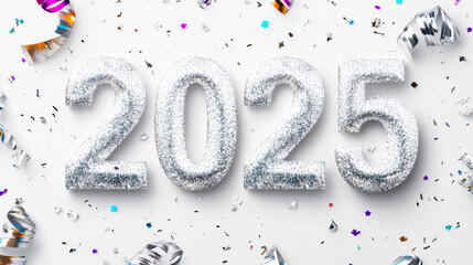 Obraz premium Happy new year 2025 . New year holidays card with silver glitter and lights on white background