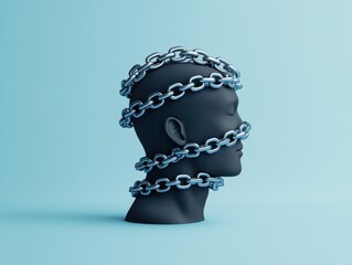 A stylized head with chains symbolizing mental constraints. Cyberbullying on social media.