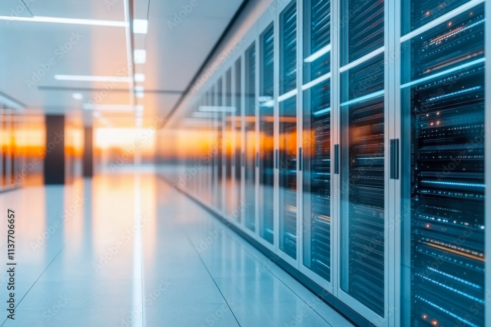 Poster server racks in server room cloud data center. exit door. datacenter hardware cluster