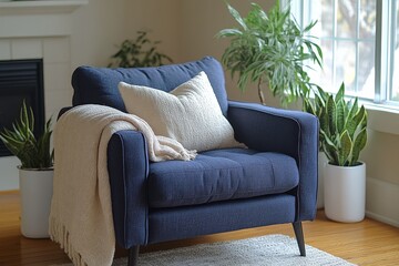 Fototapeta premium Navy blue armchair with square arms and legs, placed in front of sofa with beige throw blanket, small plants, and natural light creating a cozy reading nook.