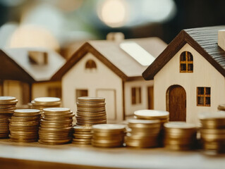 wooden house models placed on increasing stacks of coins