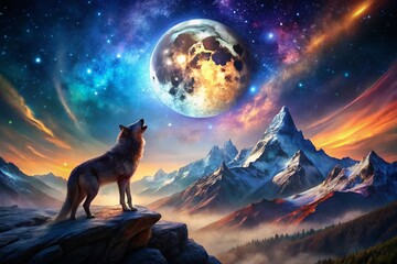 Obraz premium Surreal Wolf Howling at Starry Night Mountains - Digital Art