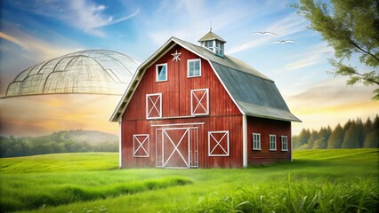 Obraz premium Whimsical double exposure: red wooden cartoon barn with gray roof, textured crossed boards.