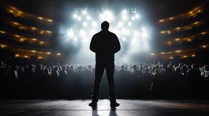 Fototapeta premium Silhouette of a Man on Stage in Front of a Crowd
