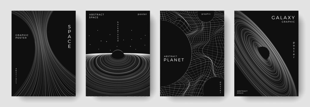 Set of abstract space astronomy backgrounds. Line art planet, galaxy, solar system, black hole. Science future concept. Cosmic minimalist design for cover, poster, layout, banner, flyer, brochure