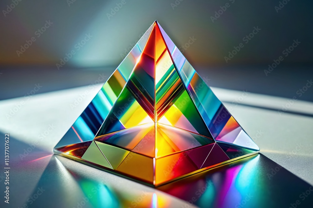Poster minimal abstract prism pyramid glass in multicolored arrangement on white floor, capturing light ref
