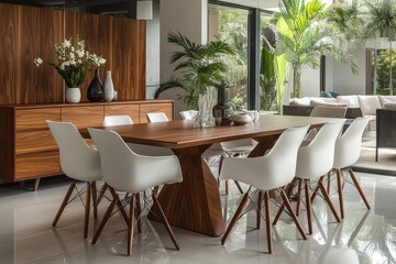 Fototapeta premium Sleek modern dining table with natural wood accents, surrounded by white chairs, large wooden sideboard, and vase of fresh flowers in minimalist dining room.