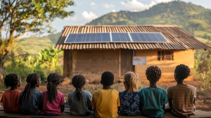A group of children sit on a bench in front of a house