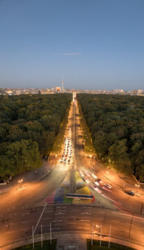 Aerial View of Berlin's Iconic Strabe des 17 Juni at Dusk