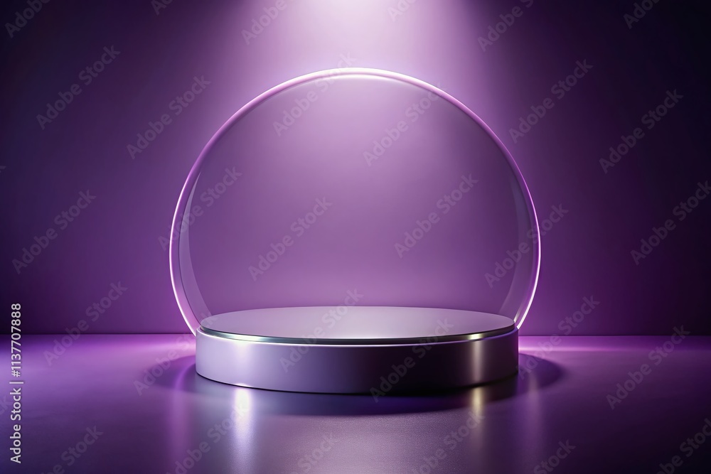 Poster minimalist 3d purple podium with circle glass displaying products against a smooth gradient backdrop