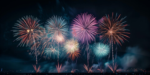 Fototapeta premium Festive fireworks in the night sky at a celebration event in honor of an anniversary or new year