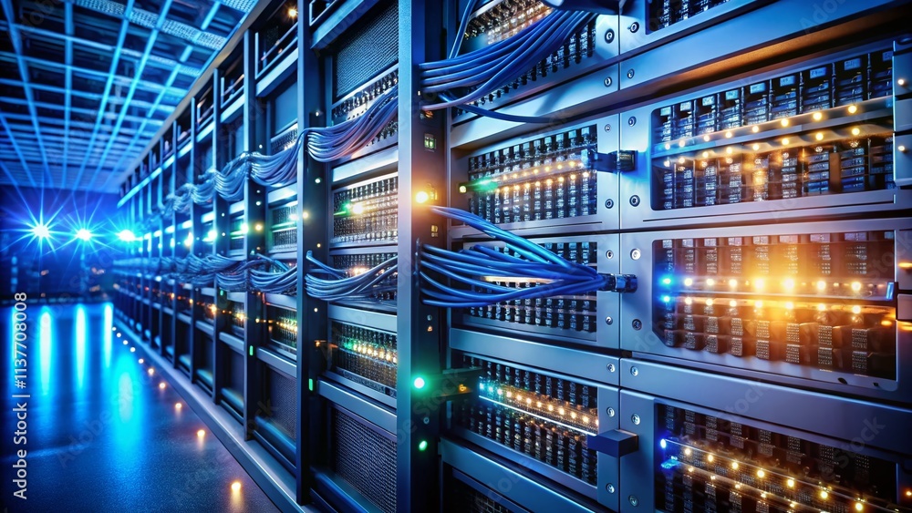 Poster minimalist abstract lights on network server with fully loaded media converters and ethernet switche