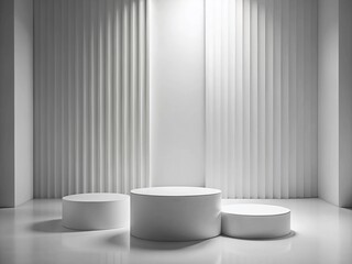 Minimalist Abstract White 3D Room Featuring Realistic Cylinder Pedestal Podium for Product Display Presentation in a High Depth of Field Setting