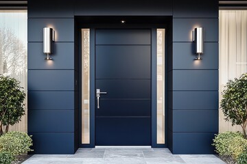 Fototapeta premium Modern front door in navy blue with sconces, providing an elegant entry to any space.