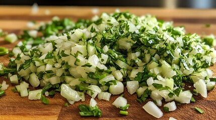 A close-up of a cutting board with freshly chopped vegetables and herbs, ready for a homemade recipe