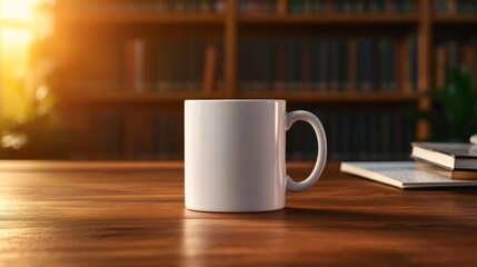 Fototapeta premium Mug on Library Desk with Books in Background. Generative AI