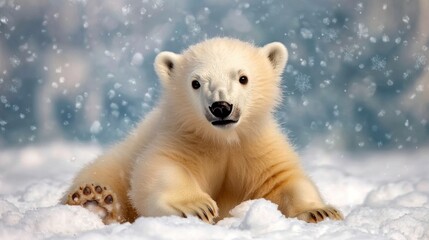A fluffy white polar bear cub is playfully rolling around in the soft snow, its small black nose and beady eyes standing out against the icy backdrop of a winter wonderland.