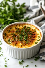 A creamy dish topped with herbs, likely a baked casserole or gratin.