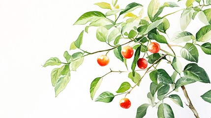 Watercolor Painting of a Cherry Branch: A Close-Up of Ripe Red Cherries and Lush Green Leaves