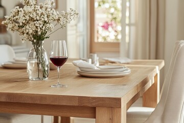 Wooden dining table with white chairs and oak wood finish, wine glass, plates, and fresh flowers adding elegance to the dining space.