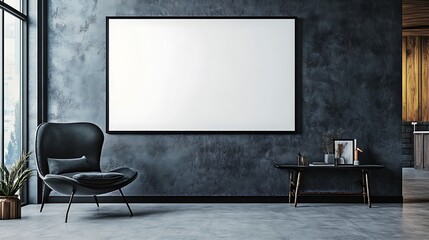 Office frame mockup with large whiteboard, sleek black chair, and neatly arranged desk 