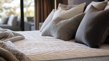 Cozy Bed with Soft Pillows and Neat Blanket in Modern Bedroom Setting