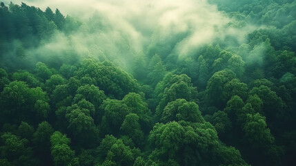 Obraz premium The scene captures the dense, lush green trees shrouded in a mystical layer of fog