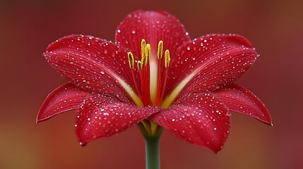 Fototapeta premium Dewdrops adorn a vibrant red amaryllis flower