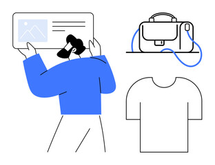 Man holding a document with a photo, side bag, and t-shirt. Ideal for travel, fashion, business, lifestyle, design, marketing, education. Line metaphor