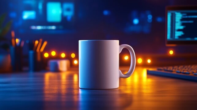 Tech-Themed Mug on Coder's Desk with Ambient Lighting. Generative AI