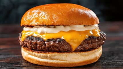 A juicy grilled hamburger topped with melted cheddar cream, nestled between a fresh and flavorful brioche bun, all served on a rustic smoke infused dark wooden table.