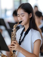 A photo of a student practicing a musical instrument during a school band rehearsal