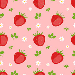 Seamless pattern with ripe strawberries and flowers on a pink background