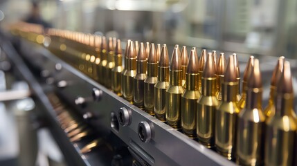Bullets on the conveyor belt of a military machine gun factory