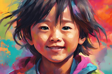 A colorful digital painting of a child with long hair, wearing a simple, cute outfit. The close-up portrait has a vibrant background with abstract color splashes.