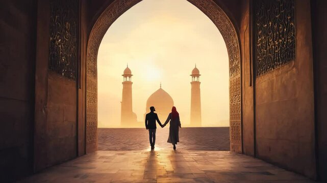 Muslim spiritual background featuring a female and male silhouettes passing through an archway symbolizing transition between the physical and spiritual realms. Islamic religious motion graphics.