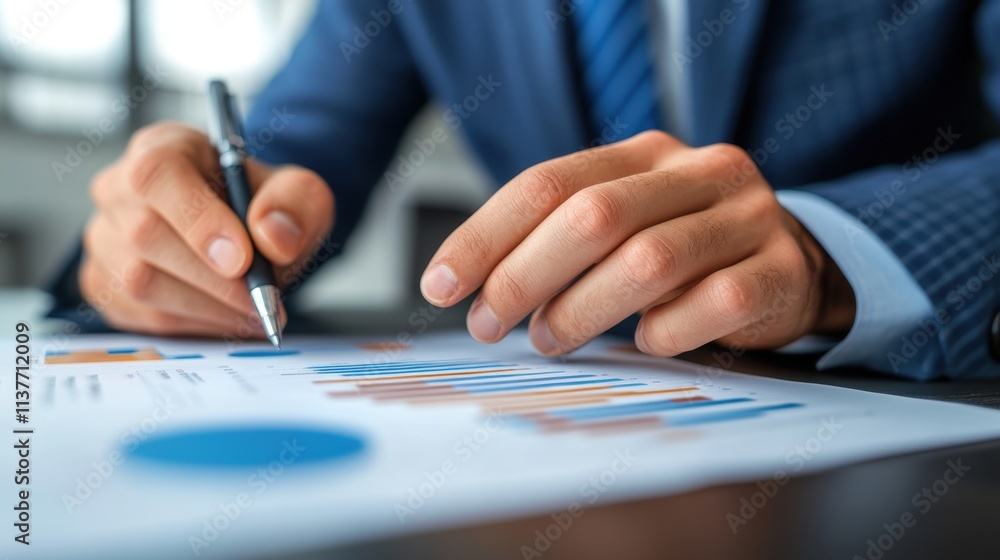 Poster Businessman Analyzing Graphs and Charts While Taking Notes in Modern Office Setting