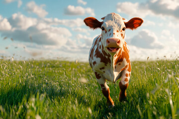 Happy cow running and jumping in a summer meadow.