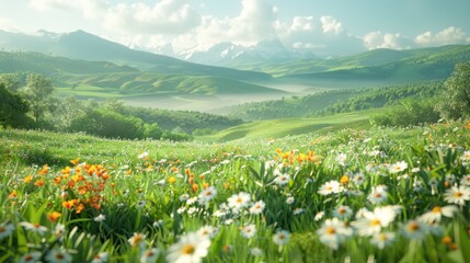 Fototapeta premium Serene Mountain Meadow: A Breathtaking Spring Landscape