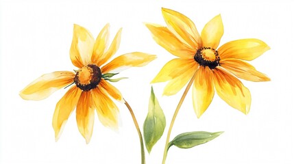 Obraz premium Watercolor Painting of Two Yellow Flowers on White Background