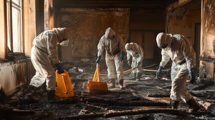 Hazmat team cleanup after fire, charred debris floor.