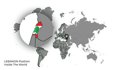 LEBANON Position Inside the World with Flag in Map